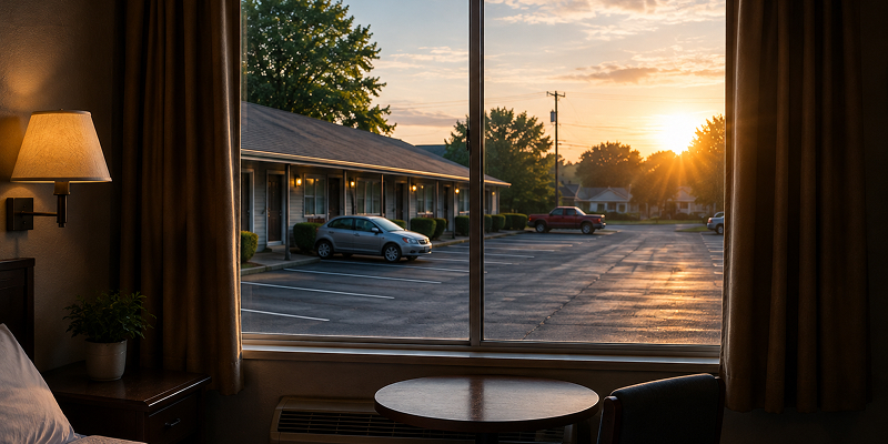 View from a motel window during a peaceful morning